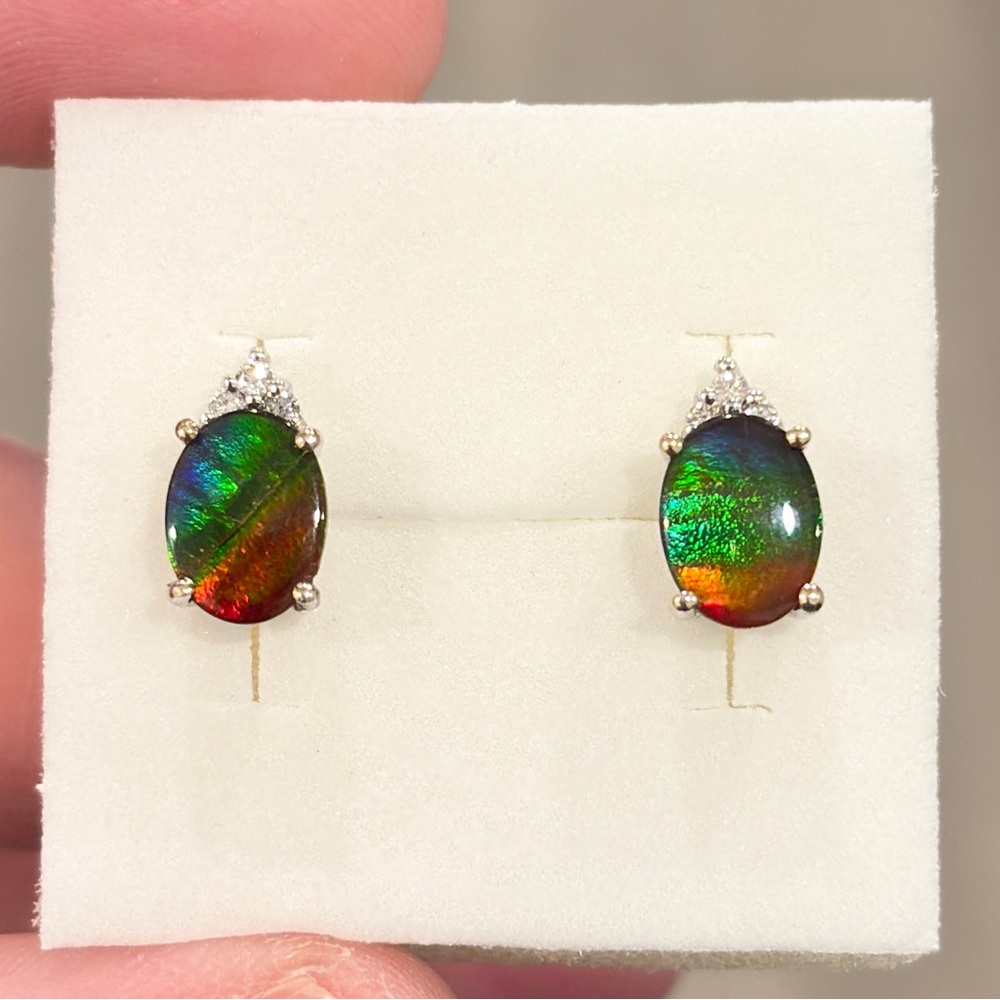 14K Ammolite Earrings Diamond Accent White Gold Rainbow AAA Oval Solitaire Studs - Picture 3 of 15